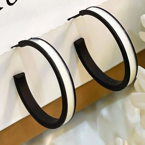Black and White Womens Jewelry Minimalist Frosted Hoop Earrings - Picture 1 of 3